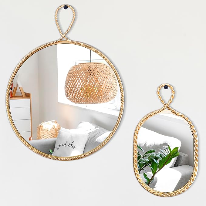 Boho Mirror for Wall Decor - Gold Metal Framed Boho Bedroom Decor - 12 inch