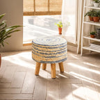 YMYNY Foot Stool Natural Seagrass Hand Weave, 12.6" Small Ottoman, Round Footrest for Living Room, Bedroom, Entryway, Change Shoes Stool, Non-Skid Wood Legs, Boho, Blue+White UHBD027QW