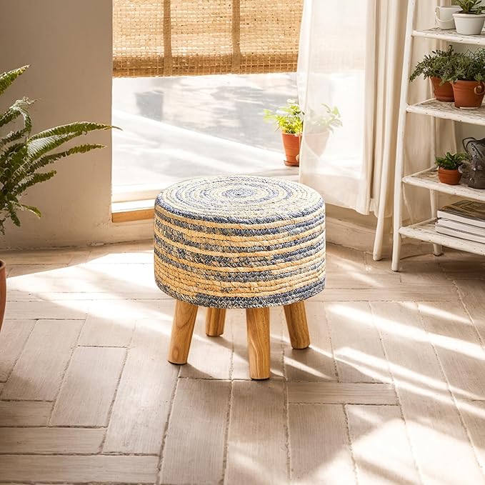 YMYNY Foot Stool Natural Seagrass Hand Weave, 12.6" Small Ottoman, Round Footrest for Living Room, Bedroom, Entryway, Change Shoes Stool, Non-Skid Wood Legs, Boho, Blue+White UHBD027QW