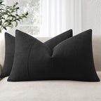 ZWJD 12x20 Pillow Covers Set of 2 Decorative Linen Lumbar Pillow Covers Solid Handcrafted Striped Cushion Covers for Bed Soft Modern Farmhouse Neutral Pillowcase for Couch Bedroom Living Room (Black)