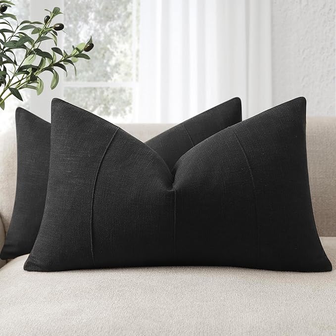 ZWJD 12x20 Pillow Covers Set of 2 Decorative Linen Lumbar Pillow Covers Solid Handcrafted Striped Cushion Covers for Bed Soft Modern Farmhouse Neutral Pillowcase for Couch Bedroom Living Room (Black)