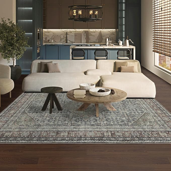 Area Rug 5×7, Large Vintage Boho Rug,Ultra-Soft Low Pile, Washable, Non Slip,Stain Resistant, Printed Carpet for Living Room Bedrooms Playroom Office Kitchen,Rust/Green