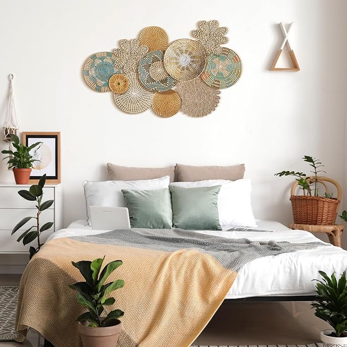 11 Pcs Boho Hanging Wall Basket Decor Handmade Woven Basket Wall Decorative Boho Wicker Baskets Placemats Round Farmhouse Bulrush Art for Rustic Home Decorations Christmas Gift(Bright)