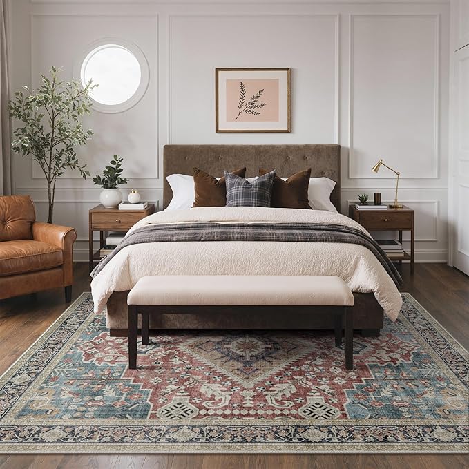 GENIMO 5X7 Washable Vintage Area Rugs for Living Room, Non-Slip Low Pile Chenille Print Rug, Soft Rugs for Bedroom Dining Room Home Office, Indigo & Flush
