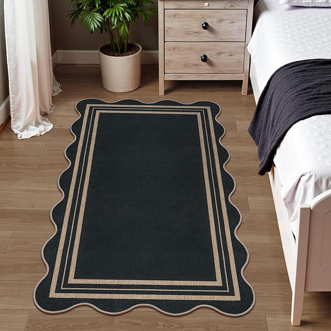 Easy Jute 3x5 Outdoor Patio Rug, Washable Rugs for Entryway Black Modern Indoor Kitchen Rugs, Farmhouse Neutral Non Slip Scalloped Carpet for Living Room Backyard