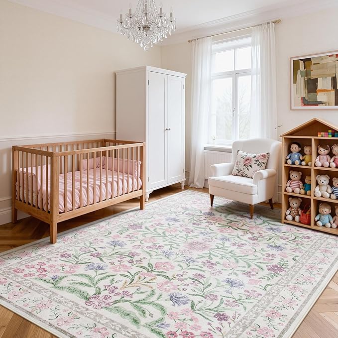 Lahome Sylvie Purple Floral 9x12 Area Rug, Machine Washable Low Pile Nursery Girls Rug, Non-Slip Thin Carpet for Playroom Kids, Soft Boho Mat for Women Bedroom Decor