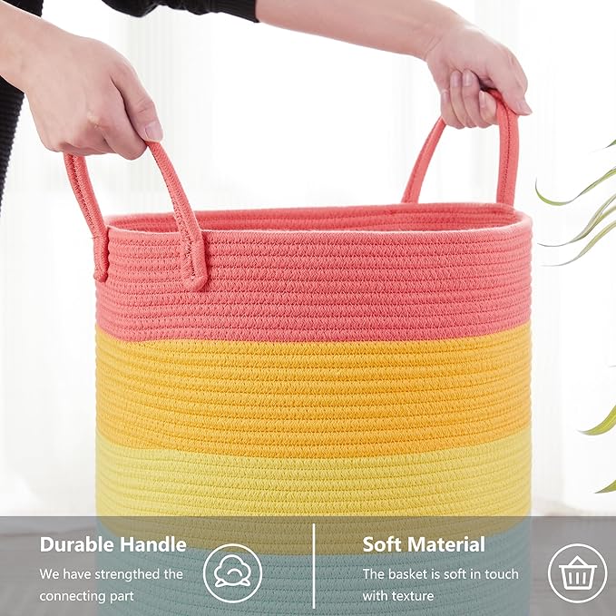 80 Large Rainbow Laundry Hamper Basket for Girls Kids Tall Unicorn Baby Nursery Hamper for Clothes Woven Roper Blanket Toy Basket in Living Room Playroom Bedroom 16"D x 22"H