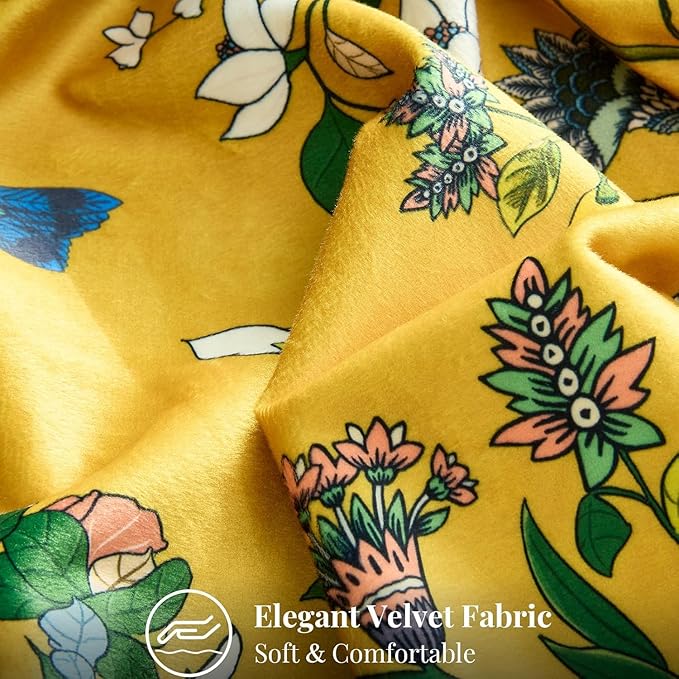 Mustard Yellow Velvet Throw Pillow Covers 16x16 Pack of 2, Vintage Floral Pillow Covers, Mid Century Flower Plant Cushion Covers for Sofa Living Room Home Decor