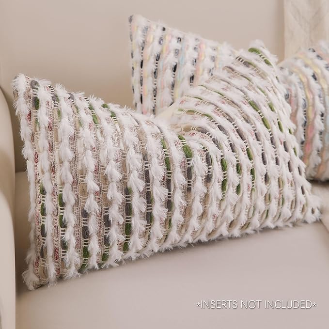Boho Lumbar Pillow Cover 12x20 Inch Pack of 1 Farmhouse Rectangle Decorative Couch Throw Pillow Cover Forest Green Chenille Tufted Striped Pillowcase for Living Room Sofa Bed