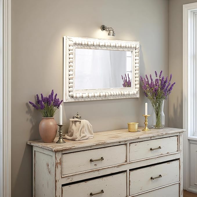 Farmhouse Mirrors for Wall Decor with Beaded Border 24 Inches, Hanging Distressed White Bathroom Mirrors for Vanity, Rustic Wood Framed Rectangular Wall Mirrors Decorative