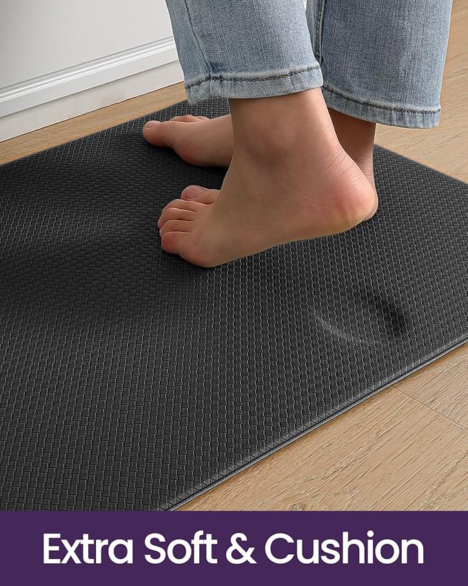 DEXI Kitchen Floor Mats Cushioned Anti Fatigue,17x29+17x59, Standing Runner Rug Waterproof, Comfort Memory Foam Padded for Front Sink Laundry Set of 2, Black