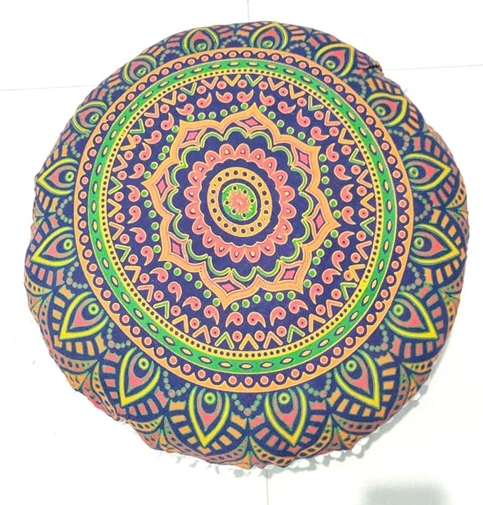 ICC New Blue Ombre 24" Mandala Barmeri Large Floor Pillow Cover Cushion Meditation Seating Ottoman Throw Cover Hippie Decorative Zipped Bohemian Pouf Ottoman Pom Pom Cases 24" Round