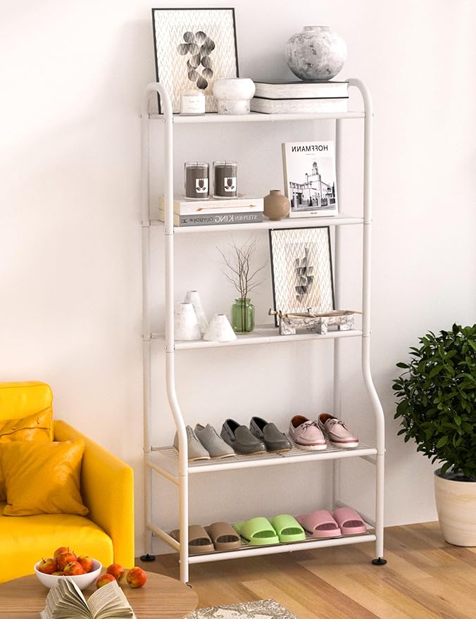5-Tier Metal Plant Stand - Heavy Duty Indoor Outdoor Flower Shelf for Multiple Pots, 65" Tall Vertical Holder with Adjustable Leveling Feet & Wall-Fixing Kits, White