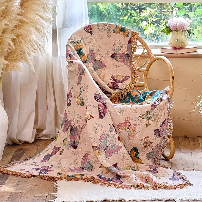 Boho Butterfly Throw Blanket 60"x80" Twin Size Bed Blanket,100% Cotton Reversible Soft Breathable Lightweight Spring Decorative Blankets with Tassels for Couch Sofa Decor All Season