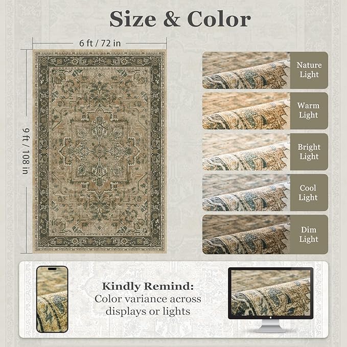 Moody 6x9 Area Rugs for Living Room, Low Pile Thin Washable Non Slip Rugs for Bedroom Dining Room, Vintage Medallion Distressed Carpet for Home Office Guest Room, Multi Brown/Green