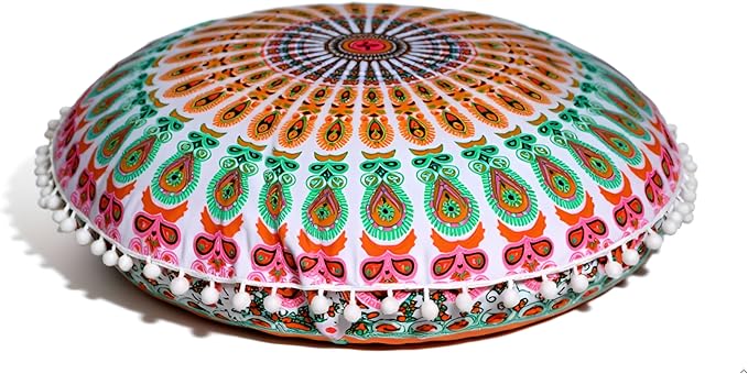 CRAFT KALA Round Mandala Meditation Cushion Cover, Floor Pillow or Cushions Cover, Yoga Seat Cover Seating Poufs Cover for Living Room 32", Musturd Mirchi