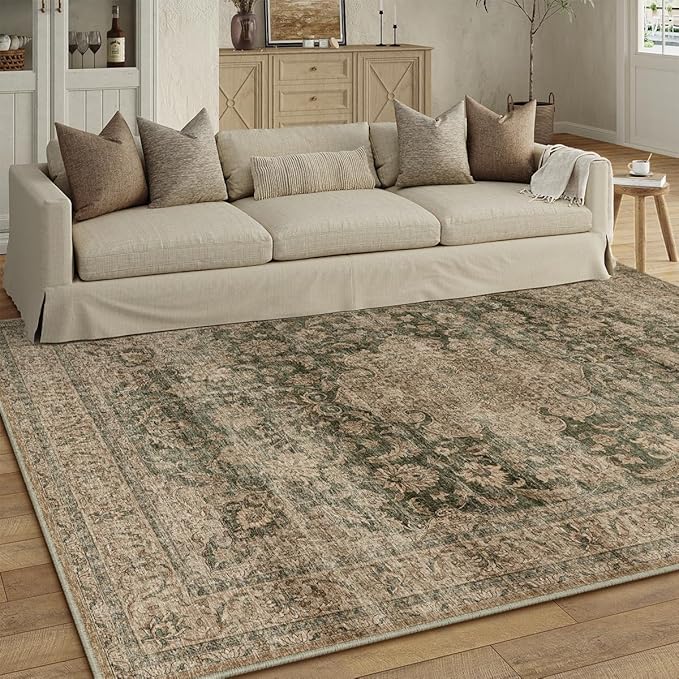 6x9 Washable Vintage Area Rug Green Brown Living Room Bedroom Carpet Non-Slip Soft Low Pile Distressed Indoor Throw Rug for Dining Room Entryway Office