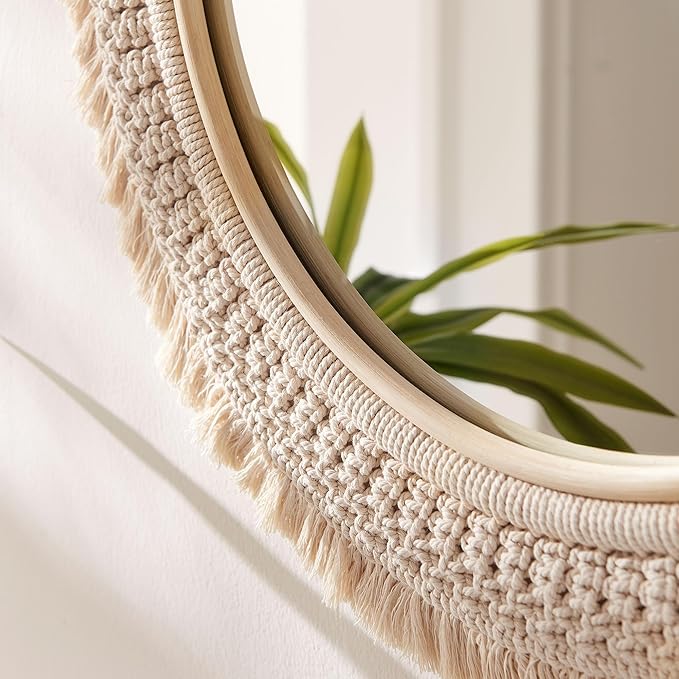 Jade Round Boho Wall Mirror with Natural Rattan Frame and Handwoven Macrame Fringe – Hanging Accent Mirror for Bathroom, Bedroom, or Nursery