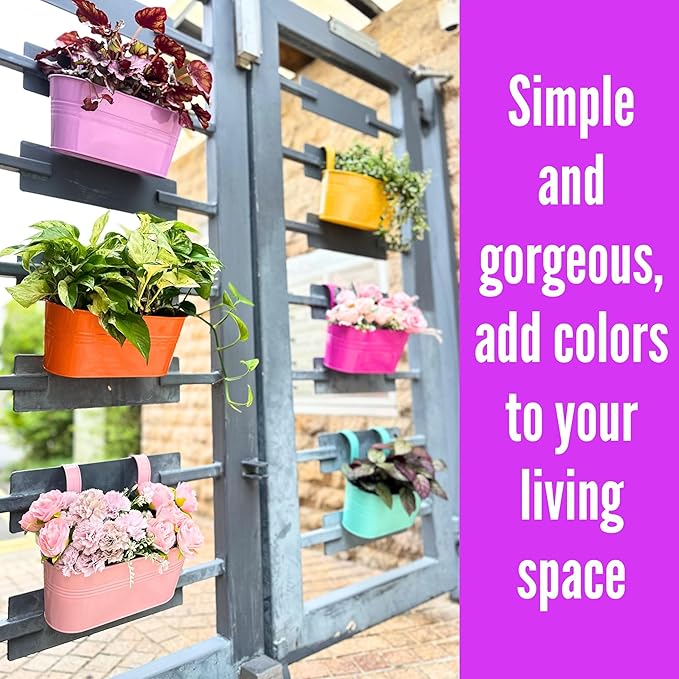 LaLaGreen Outdoor Hanging Planter (11.2 Inch, 6 Pack) Light Pink, Light Purple, Turquoise, Neon Pink, Yellow, Orange Metal Iron Window Box Flower Pot Deck Railings Fence Buckets Porch Garden Decor