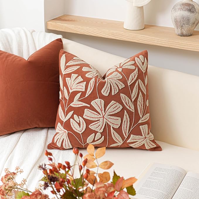 BlissBlush 20x20 Throw Pillow Cover, Brick Red Square Decorative Cushion Cover for Couch Sofa, Floral Tufted Embroidered Velvet Farmhouse Accent Pillowcase (Cover Only)