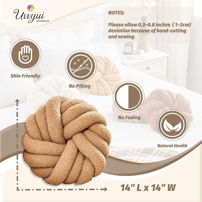 Uvvyui Knot Pillows, 14 Inch Decorative Throw Pillows Round Pillows Cushion, Soft Handmade Knotted Ball Pillow Plush Cushion Home Decor for Bed Couch Living Room (Khaki, 14 Inch)