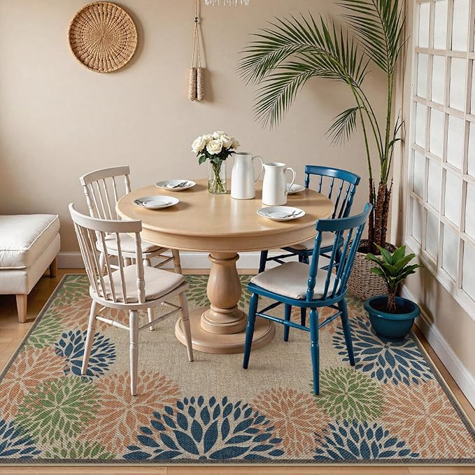 LIVEBOX Modern Easy Jute 5x7 Outdoor Rug, Washable Area Rugs for Living Room Patio Tropical Floral Indoor Outdoor Rug, Boho Farmhouse Non Slip Carpet for Backyard Foyer Dining Room(Olive, 5'x7')