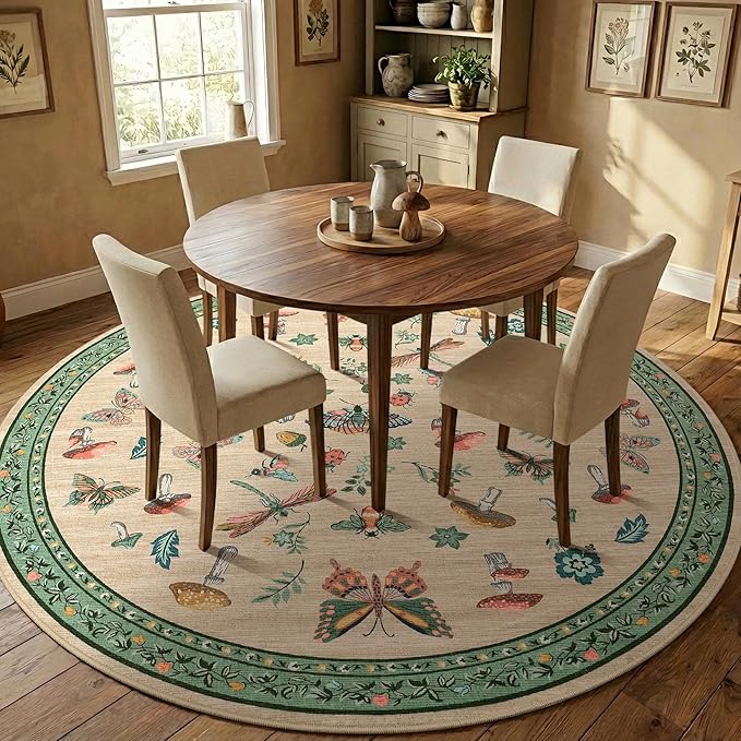 Mushroom Insect 7ft Round Rug Washable Non-Slip Soft Ultra-Thin Large Boho Circle Carpet for Entryway Kitchen Bedroom Nursery Dining Room Khaki Green