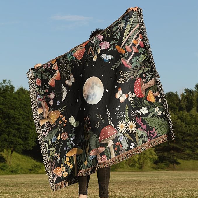 Woven Throw Blanket Moon Plant Boho Chic Decor Reversible Cute Cotton Boho Throw Blanket Witchy Throws Blankets with Tassels Moonlit Garden Blankets Bohemian Room Decor Luxury Christmas Throws 51”x59”