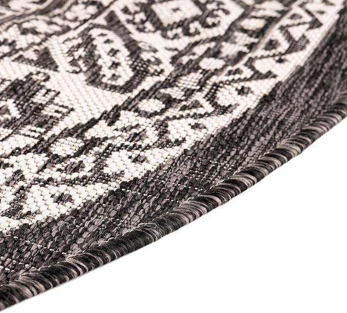 Rugs.com Outdoor Aztec Collection Rug – 3 Ft Round Charcoal Gray Flatweave Rug Perfect for Kitchens, Dining Rooms