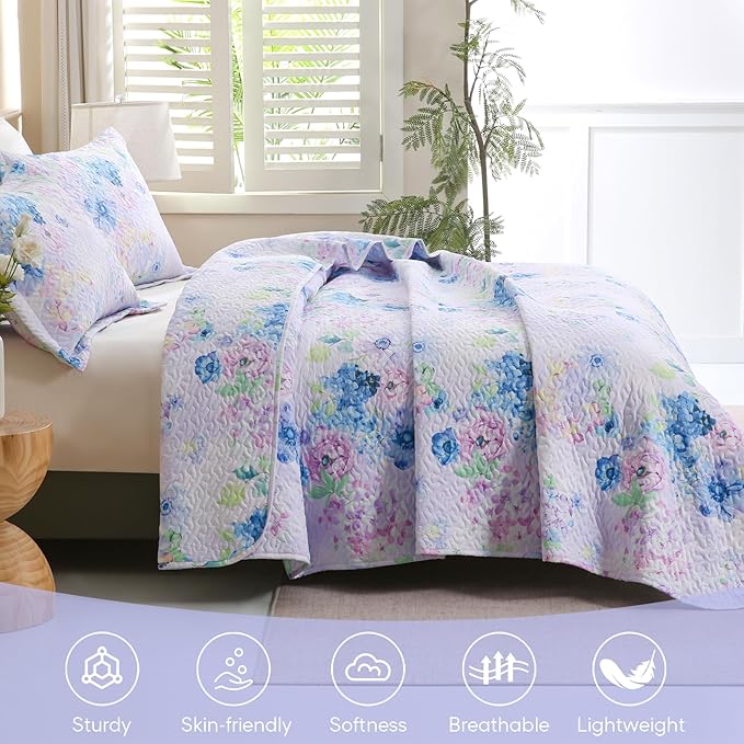 JSD Hydrangea Floral Quilt Set Twin Size, 2 Piece Printed Bedspreads Coverlet with Pillow Sham, Lightweight Quilted Blanket
