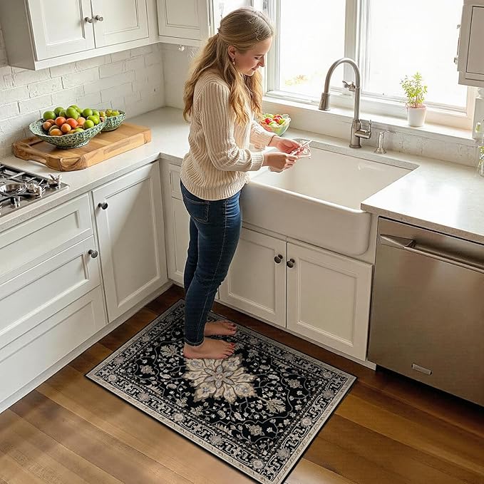 Area Rugs 2'x3' Kitchen Rugs Entry Rug Small Rugs for Entryway Kitchen Bathroom Door Mat Indoor Entrance,Washable Non Slip, Black Brown Neutral Dark Tan