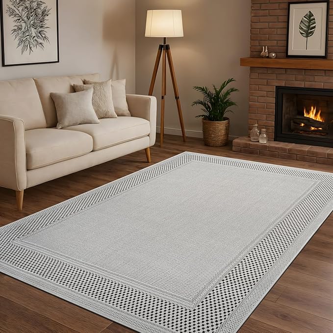 CAMILSON Easy Jute Rug 4x6, Indoor Outdoor Off-White Color Fiber Area Rugs for Living Room Patio and Dining Room Rug, Bordered Boho Woven Design, Easy-Cleaning, Washable Outside Carpet (4 x 6)