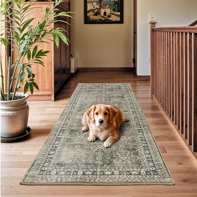 Lessymo Runner Rugs 2x6 ft, Vintage Brown Machine Washable Rug for Hallway Kitchen Bedroom, Non Slip Low Pile Soft Long Area Rug, Distressed Boho Floral Accent Carpet
