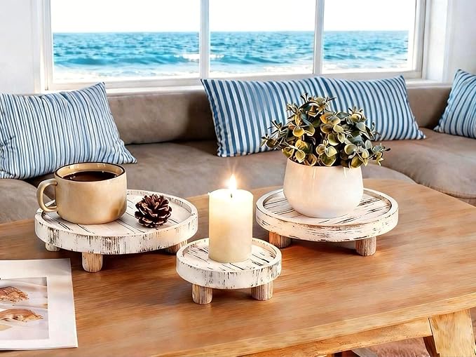 3PCS Wooden Display Stand， Rustic Whitewashed Wood Risers for Home Decor - Decorative Stackable Shelf for Plants, Candles, Books - Farmhouse Pedestal Stand (6” 8” 10”) (White coloe)