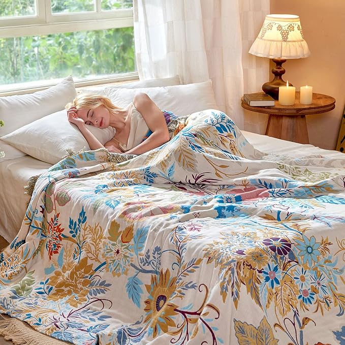 Boho Throw Blanket 60"x80" Floral Twin Bed Blanket with Sunflowers,100% Cotton Soft Breathable Lightweight Spring Decorative Tassel Reversible Blankets for Couch Sofa Decor All Season