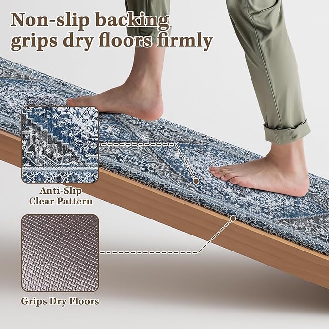 Arttown Kitchen Mats for Floor 2Pcs-Anti Fatigue Non Slip Mats for Kitchen Floor, Cushioned Waterproof & Stain-Resistant Boho Mat Set, Laundry Room, Office, Sink, Desk (Blue)