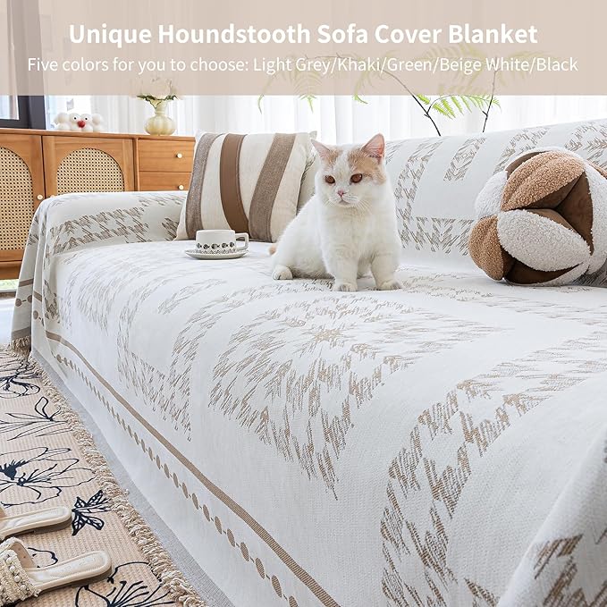 Houndstooth Couch Cover Blanket, Couch Blanket Cover, Boho Couch Cover, Chenille Sofa Covers Washable, Large Couch Covers for 2-3 Cushion Sofa(1pc/Khaki/71×118")