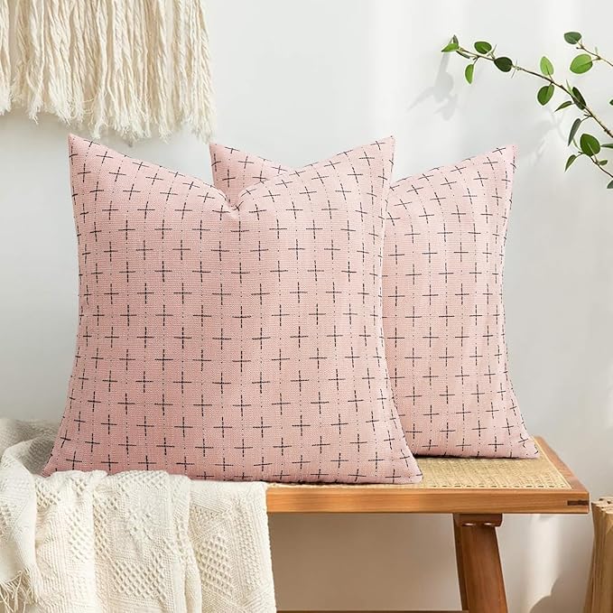 MIULEE Pack of 2 Cute Decorative Burlap Linen Valentine Throw Pillow Covers Farmhouse Pillowcases Modern Rustic Woven Textured Cushion Cover for Sofa Couch Bed 18x18 Inch Pink