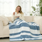 Snuggle Sac Blue Striped Throw Blanket, 50x60 Soft Reversible Fuzzy Knit Throw for Couch, Sofa, Bed, Travel, Cozy Plush Microfiber Blanket for Women & Gift Giving