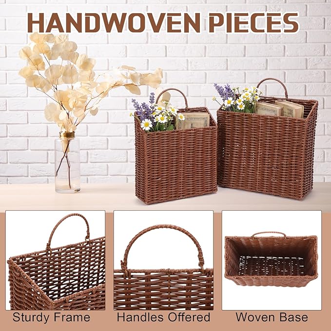 2 Pack PE Rattan Hanging Wall Basket Wicker Hanging Basket for Front Door Mail Flowers Books Accessories Organizing Boho Rustic Farmhouse Wall Decor(Square Opening)