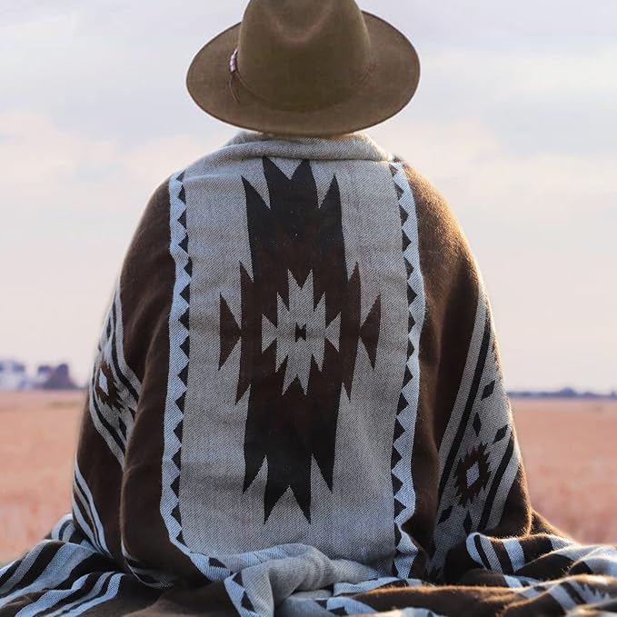 Aztec Patterned Throw Blanket with Soft Sherpa Lining, Traditional Southwestern Navajo Tribal Style Warm Throw for Camping, Outdoor, Light Weight Cozy Boho Blanket for Couch, Sofa, Bed, 60"x80", Brown