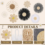 Chunful 7 Pcs Boho Wall Basket Decor Rattan Flower Wall Decor Nursery Daisy Flower Woven Macrame Hanging Flowers for Baby Kids Girls Farmhouse Bedrooms Living Rooms Kitchen Home(Light Grey)
