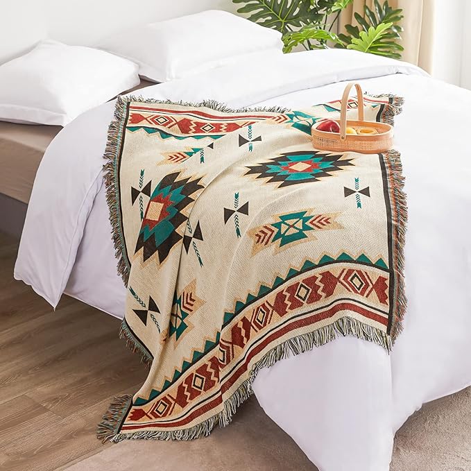 Touchat Native American Blanket Western Decor Boho Throw Blanket for Sofa, Mexican Decorative Farmhouse Blanket, Southwest Decor Woven Blankets, Aztec Throw Blankets with Tassel(Beige,50×60 inch)