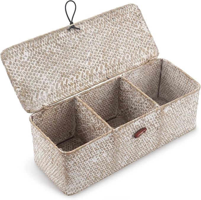 Seagrass Storage Basket for Bathroom - Wicker Toilet Tank Basket with Lid - Woven Storage Box for Organizing (Whitewash, 13" x 5" x 4.3")