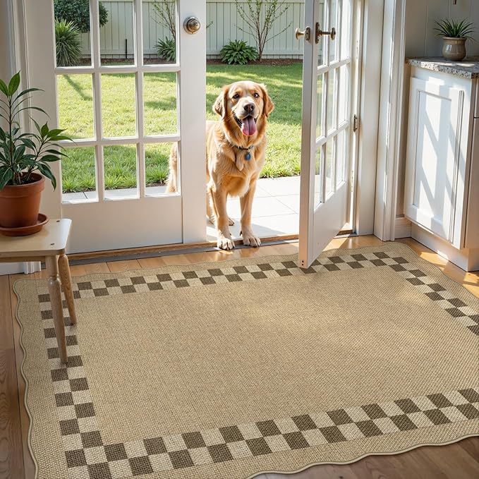 LIVEBOX Scalloped Easy Jute Checkered 3x5 Outdoor Rug, Washable Non-Slip Tan Rugs for Entryway, Geometric Indoor Outdoor Rug Farmhouse Boho Carpet Door Mat for Patio Porch Bedroom Living Room Modern