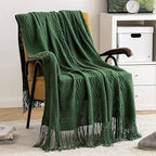 MIULEE Dark Green Knitted Throw Blanket for Couch Boho Textured Cozy Woven Blanket with Tassels for Sofa Chair Bed Living Room Acrylic Wave Pattern 60"x80"