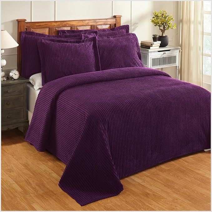 Better Trends Chenille Bedspreads Queen Size, Plum 100% Cotton Chenille Stripe Design Tufted Bedding Coverlet Soft Lightweight, 102"x110" 1 Pieces Jullian Collection