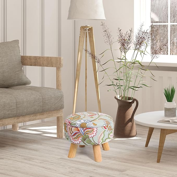Round Storage Ottoman with Reversible Tray Lid, 12.7 "W x 10.6 "H Upholstered Footrest Pouf with Anti-slip & Scratch-resistant Foot Pads, Stain-Resistant Fabric Pouf, for Living Room, Bedroom, Dorm