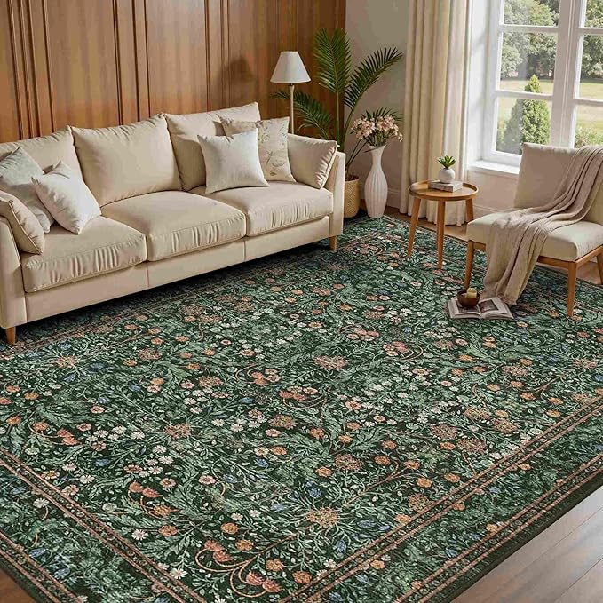 5x7 Area Rugs for Living Room Bedroom, Large Washable Rug, Green Vintage Floral Boho Rug, Non Slip & Low Pile Faux Wool Thin Carpet for Indoor Dining Room and Kids Room(Green 5x7ft)