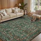 5x7 Area Rugs for Living Room Bedroom, Large Washable Rug, Green Vintage Floral Boho Rug, Non Slip & Low Pile Faux Wool Thin Carpet for Indoor Dining Room and Kids Room(Green 5x7ft)